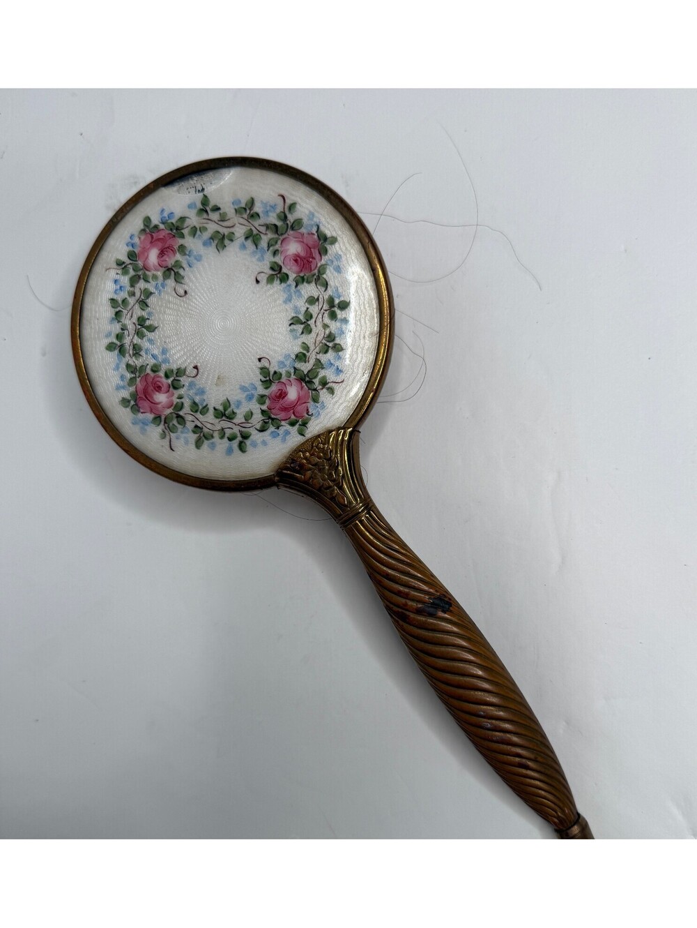 Vintage Guilloché Enamel Rose Floral Vanity Hairbrush Brass Tone